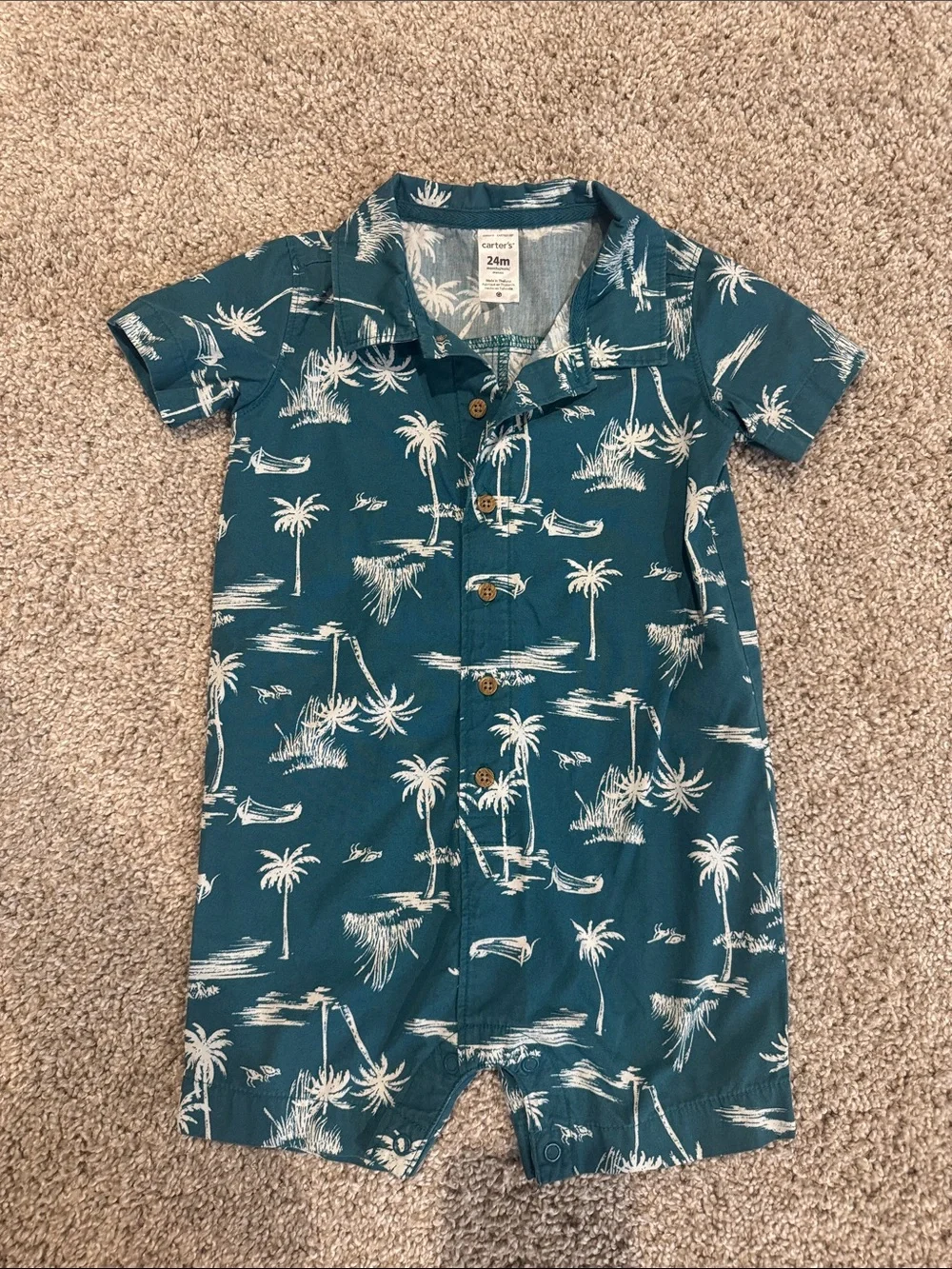 Carter's Teal and White Palm Print Romper One Piece 24 Month